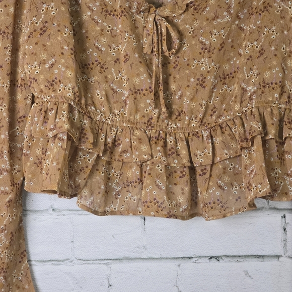 Tan Ruffled Peplum Blouse with Tie Front - Picture 3 of 6